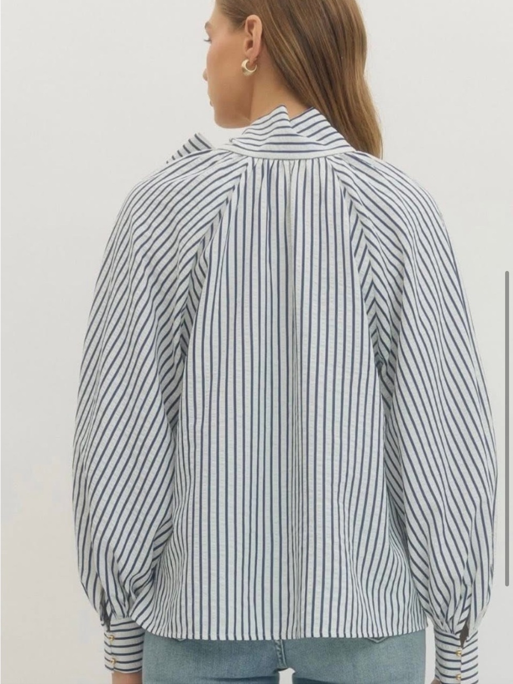 Entro Women’s Navy Striped Bow Tie L/S Blouse Medium NWT Preppy Nautical - Picture 3 of 8